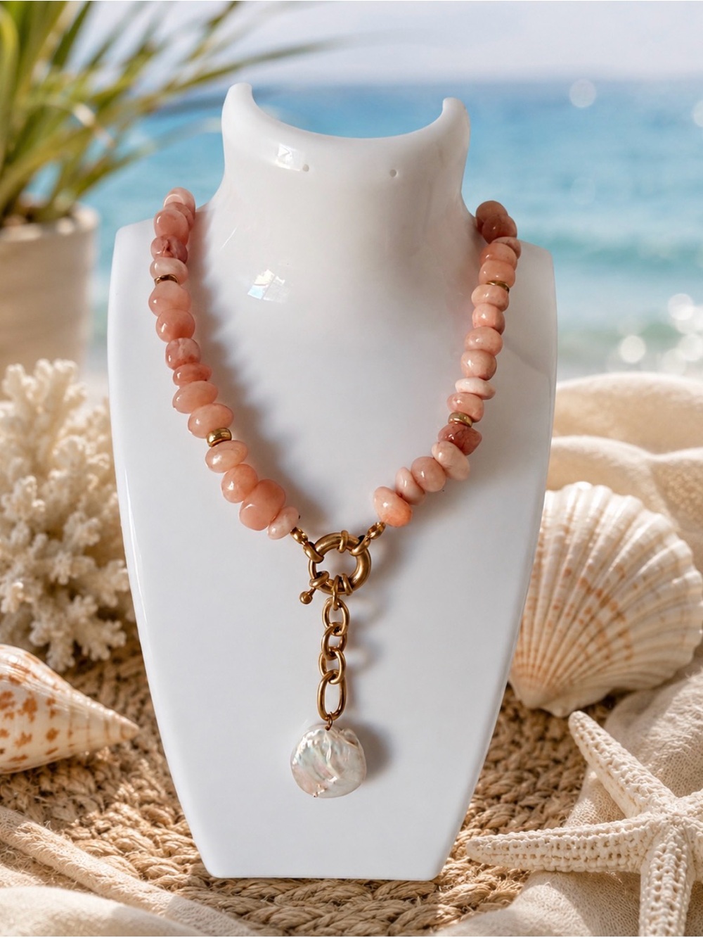 Blush Pink Natural Stone Necklace with Gold Accents and Freshwater Pearl.